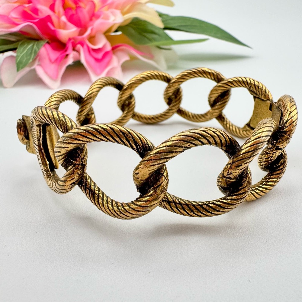 Vintage Etched Rope Cable Link Hinge Bangle Bracelet Gold Tone Plated
